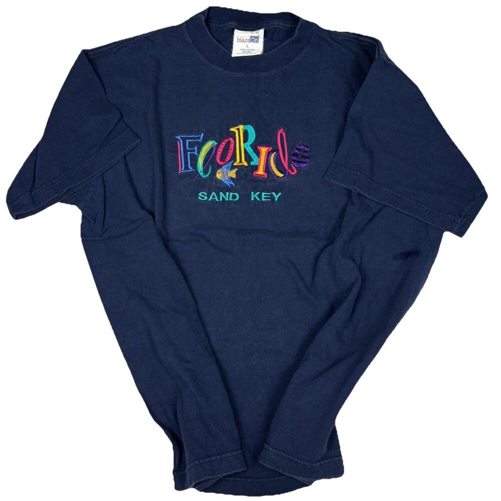 Vintage Y2K Florida Sand Key Tourist Souvenir Tee Embroidered Fish Beach Tee L‎